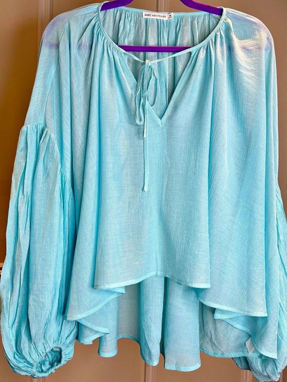 Avec Les Filles Aqua Blue Sheer Chiffon Balloon Sleeve Blouse